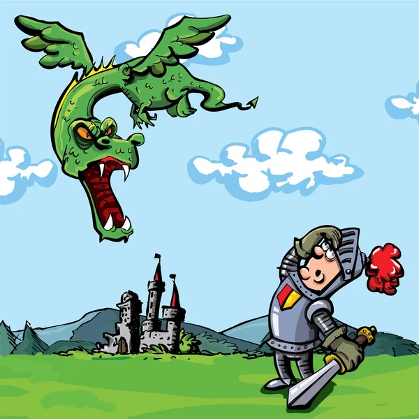 Caballero de dibujos animados atacado por un dragón — Vector de stock