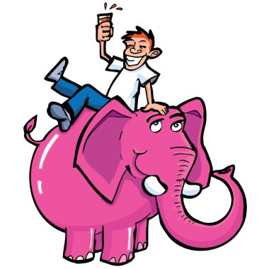 Cartoon drunk man riding a pink elephant clipart