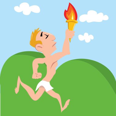 Cartoon Olympic athlete running with Olympic flame clipart