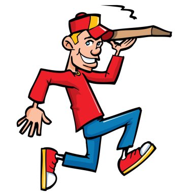 Cartoon of pizza running delivery boy clipart