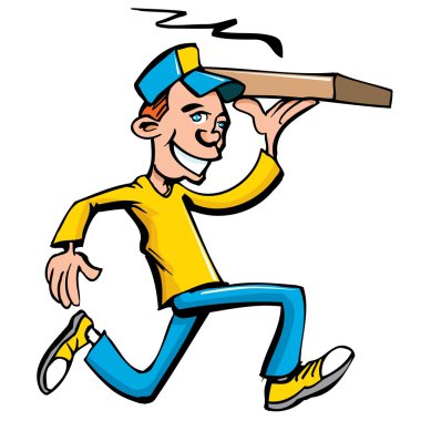 Cartoon of pizza running delivery boy clipart
