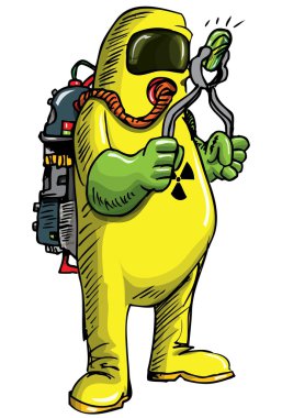 Man in HAZMAT suit handeling something radioactive clipart