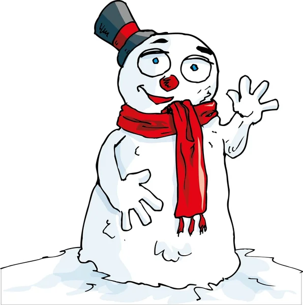 Dibujos animados de muñeco de nieve ondeando con una bufanda — Archivo Imágenes Vectoriales