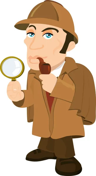 Cartoon Sherlock Holmes with a magnifying glass — Stock Vector