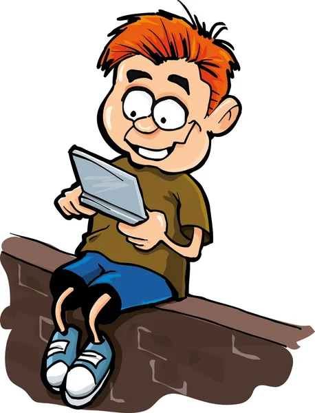 Мультфильм о мальчике, играющем в ручной компьютерный геймер — стоковый вектор