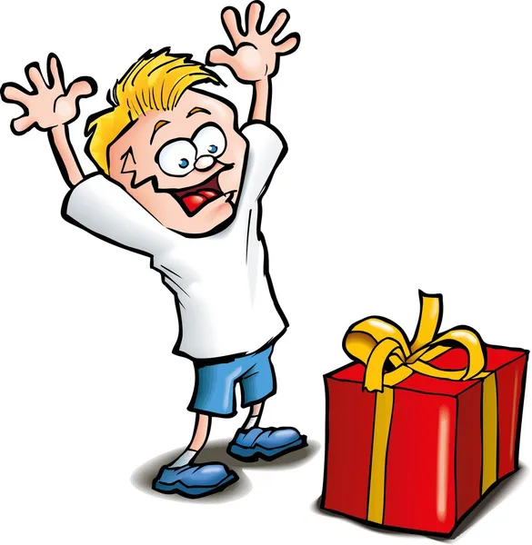 Γελοιογραφία της ενθουσιασμένος παιδί λαμβάνει ένα δώρο — Διανυσματικό Αρχείο