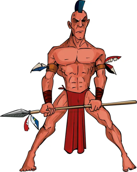 Guerreiro Mohawk dos desenhos animados com uma lança — Vetor de Stock