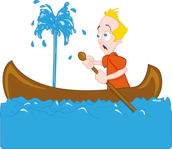 Cartoon van de mens in een zinkend kano — Stockvector