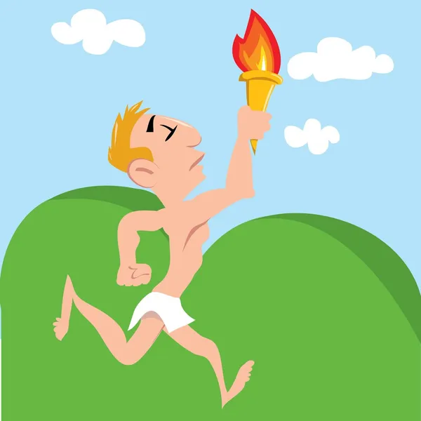 Γελοιογραφία Ολυμπιακή αθλητής τρέχει με την Ολυμπιακή φλόγα — Διανυσματικό Αρχείο
