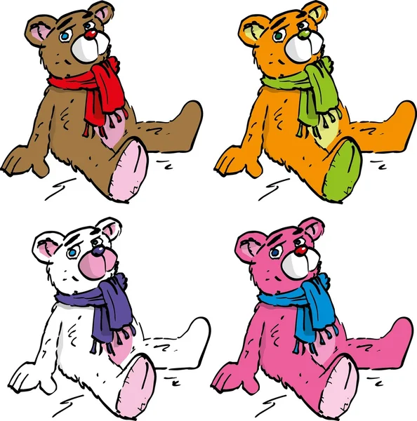 Чотири мультяшні плюшеві ведмеді різного кольору — стоковий вектор