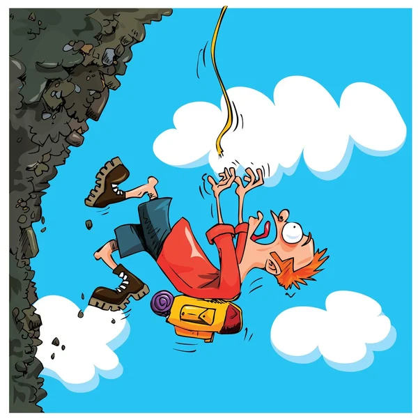 Montañero de dibujos animados cayendo de una montaña — Vector de stock