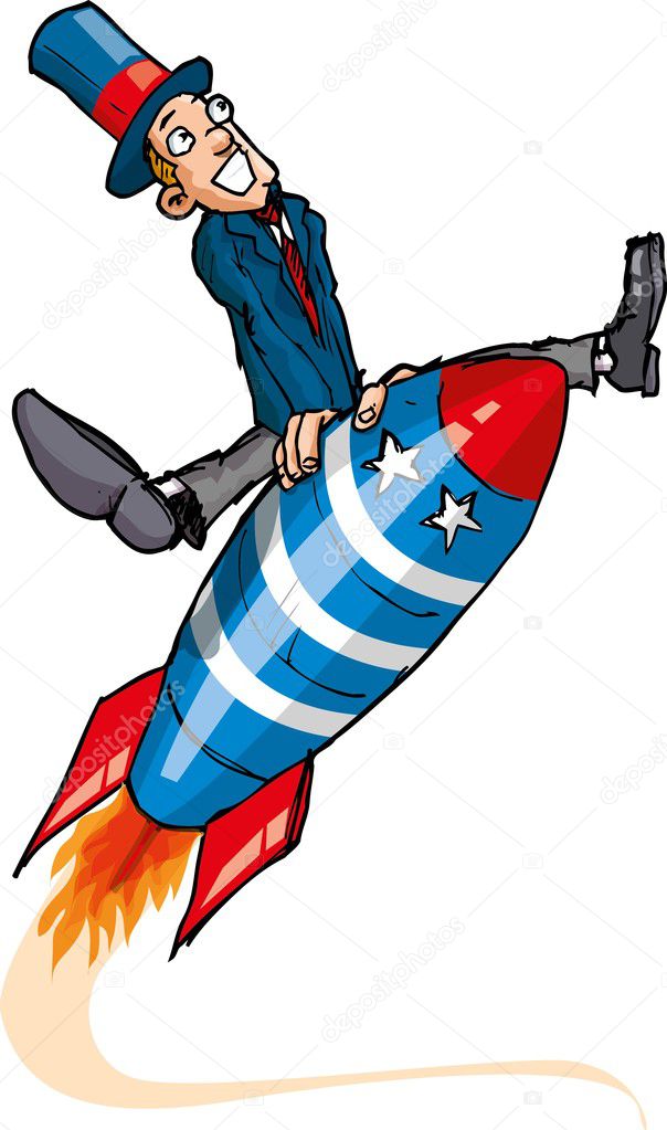Cartoon man on a flying rocket