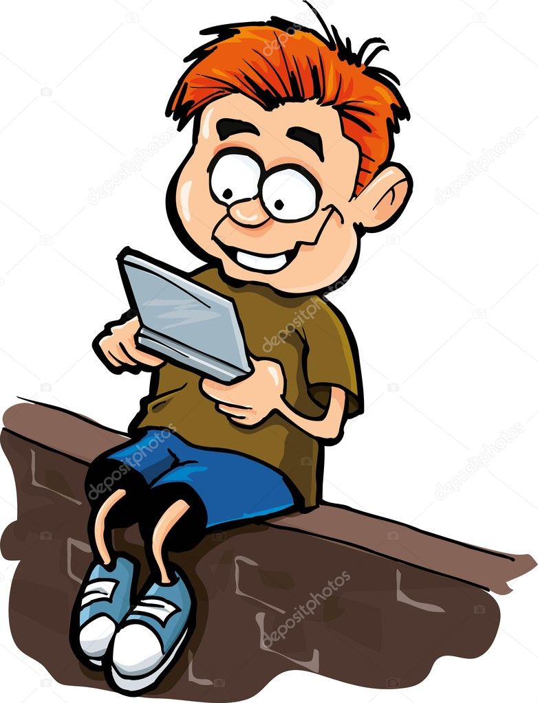 Cartoon of boy playing a hand held computer gamer