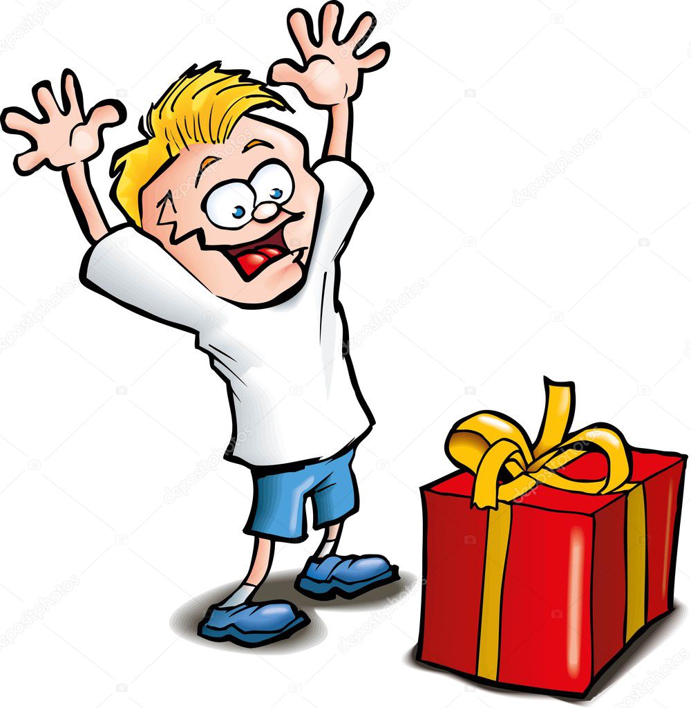 Cartoon of Excited kid receiving a gift