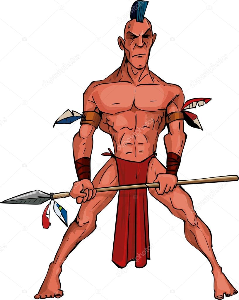 Cartoon Mohawk warrior with a spear