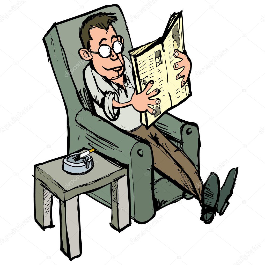 Cartoon in a lounge chair reading a newspaper