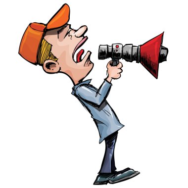 Cartoon man shouts through a megaphone clipart