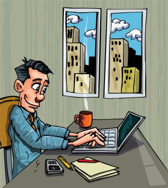 Cartoon office worker busy on his laptop clipart