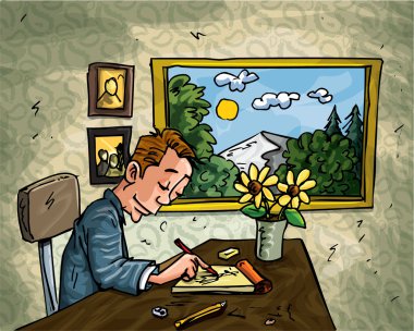 Cartoon man doodling at his desk clipart