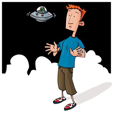 Cartoon Alien encounter with small UFO clipart