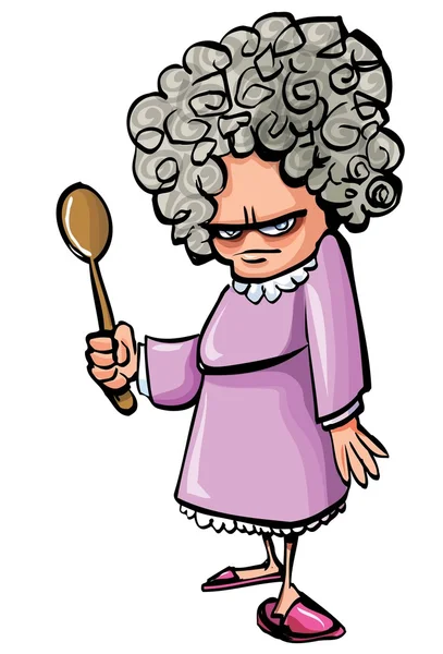 木のスプーンで漫画怒っている古い女性 — ストックベクタ