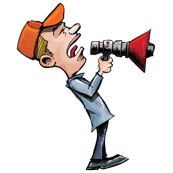 Hombre de dibujos animados grita a través de un megáfono — Vector de stock