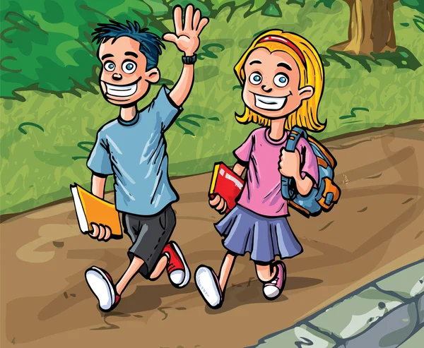 Dibujos animados chico y chica yendo a la escuela — Vector de stock