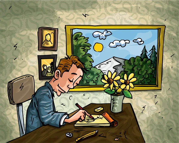 Άνδρα καρτούν doodling στο γραφείο του — Διανυσματικό Αρχείο