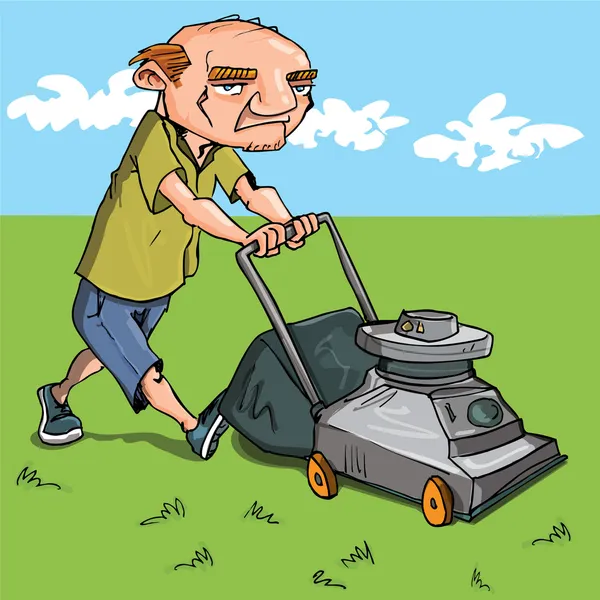 Homem dos desenhos animados cortando seu gramado — Vetor de Stock