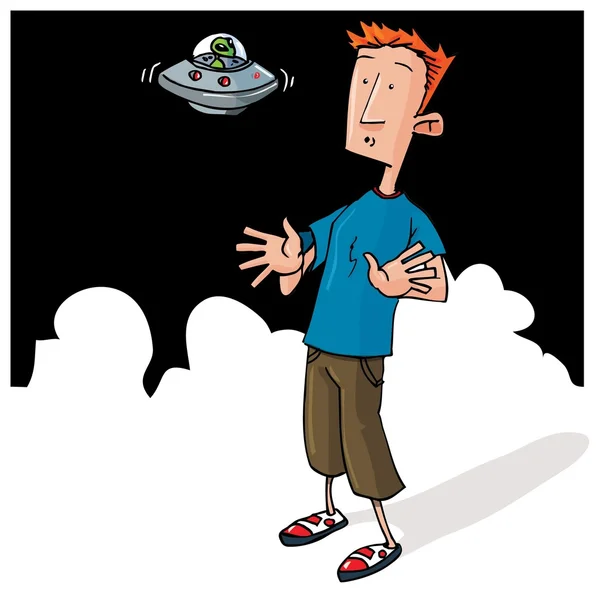 Cartone animato Incontro alieno con piccoli UFO — Vettoriale Stock