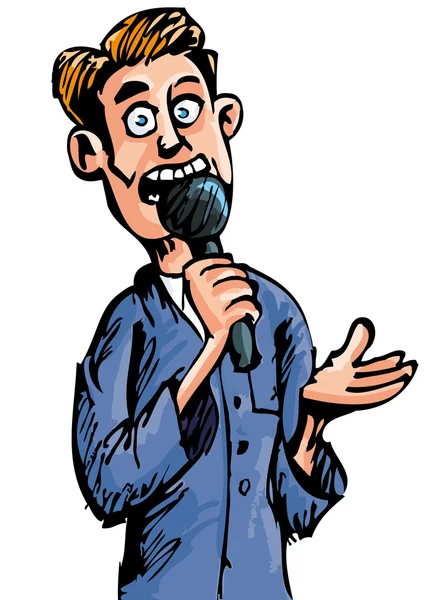 Reportero de dibujos animados hablando por un micrófono — Stockvector
