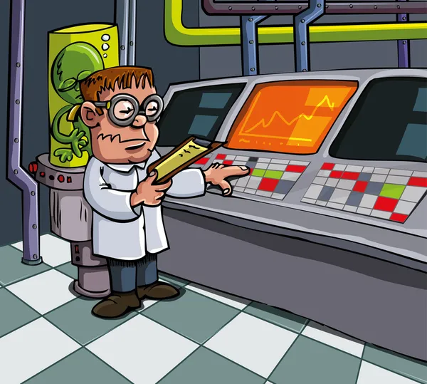 Scienziato dei fumetti nel suo laboratorio — Vettoriale Stock
