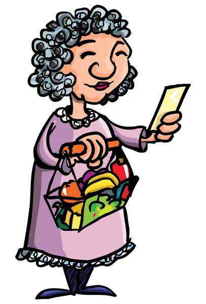 Cartoon of old lady shopping with shopping list — Stock Vector