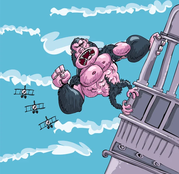 Dessin animé King Kong accroché à un bâtiment — Image vectorielle