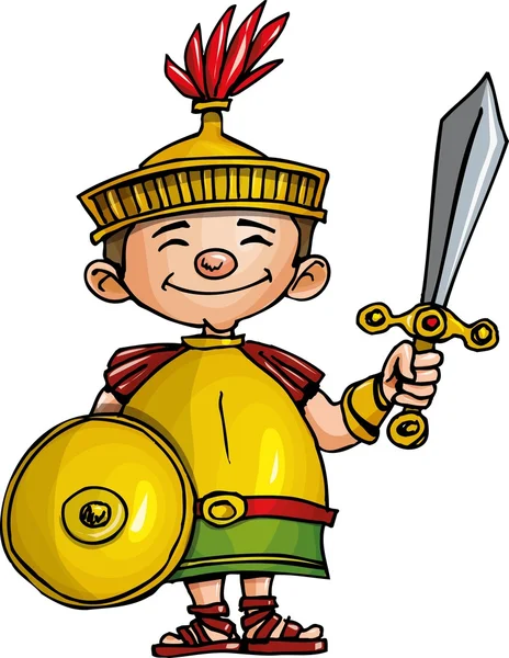 Dibujos animados legionario romano con espada y escudo — Vector de stock