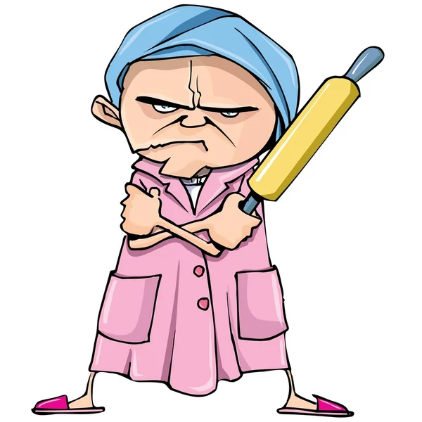 Huysuz yaşlı kadının bir oklava ile karikatür — Stok Vektör