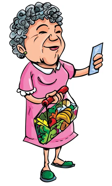 Karikatyr av gamla damen shopping med inköpslista — Stock vektor