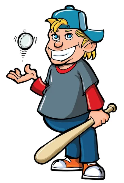 Dibujos animados de niño con bate de béisbol y pelota — Vector de stock
