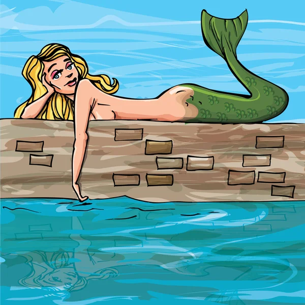 Karikatur-Meerjungfrau betrachtet ihr Spiegelbild im Wasser — Stockvektor
