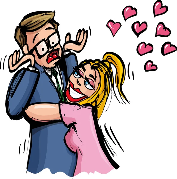 Dibujos animados de la mujer abrazando a un hombre poco dispuesto — Vector de stock