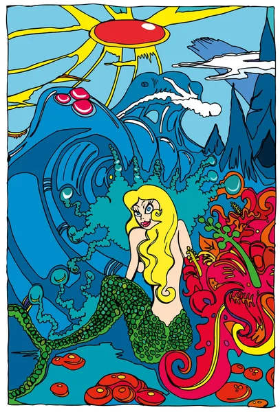 Zeichentrick-Meerjungfrau in magischer Szene — Stockvektor
