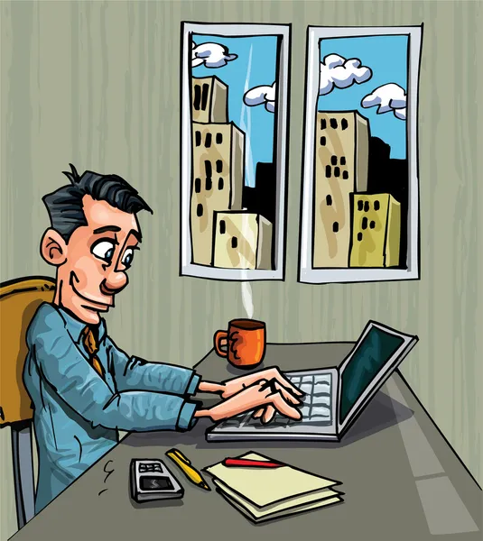 Trabalhador de escritório de desenhos animados ocupado em seu laptop Ilustração De Bancos De Imagens