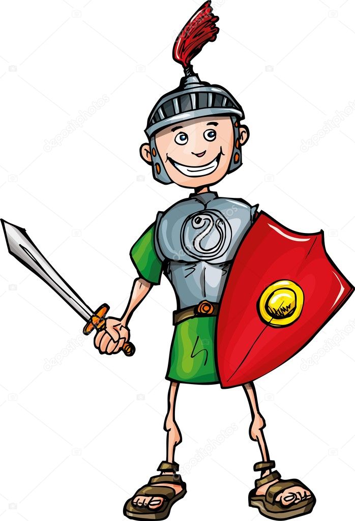 Cartoon Roman legionary with sword and shield