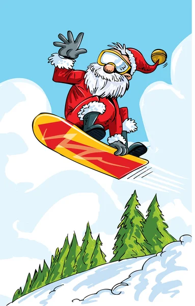 Cartoon santa gör ett hopp på en snowboard — Stock vektor
