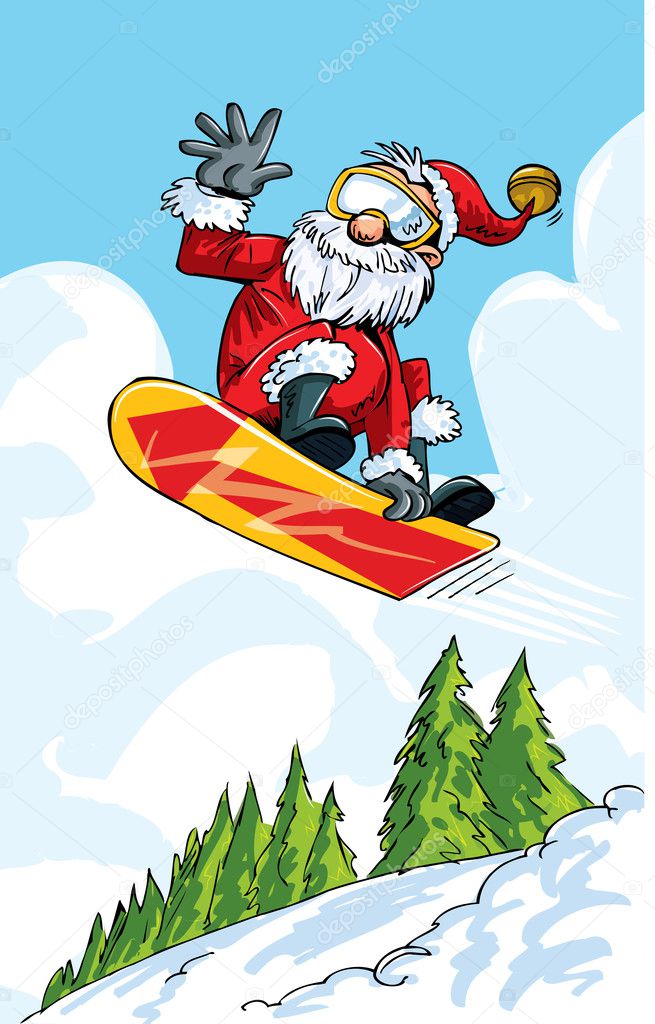 Cartoon Santa doing a jump on a snowboard