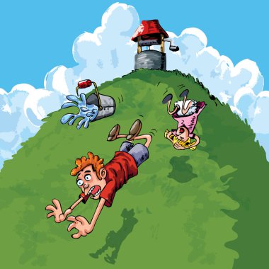 Carton Jack and Jill falling down a hill clipart