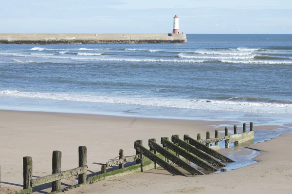 Spittal beach and pier with lighthouse — Stock Photo, Image