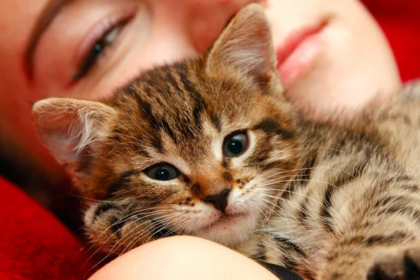 Menina e pequeno gato — Fotografia de Stock