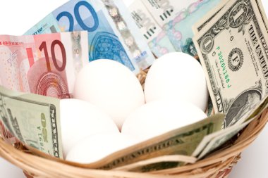 Eggs with money in basket closeup clipart