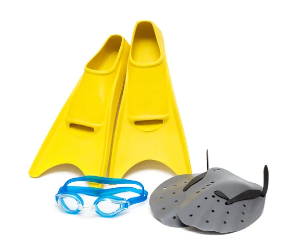 Swimming equipment, flippers goggles paddles — Stock Photo, Image